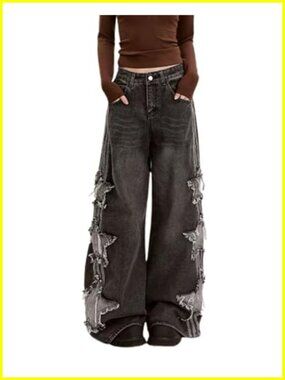 Baggy High Rise Patchwork Denim Jeans Y2K Cute Star Women Girls